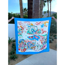 Load image into Gallery viewer, Vintage 1980s Dominique Martine Blue Large Sarong Scarf Wrap Square Painted Print