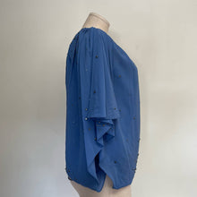 Load image into Gallery viewer, Robert  Rodriguez 100% Silk Blue Rhinestone Asymmetrical Shoulder Gauzy Blouse
