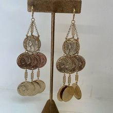 Load image into Gallery viewer, Vintage 1970s Gold Tone Costume Shoulder Duster Coin Statement Earrings
