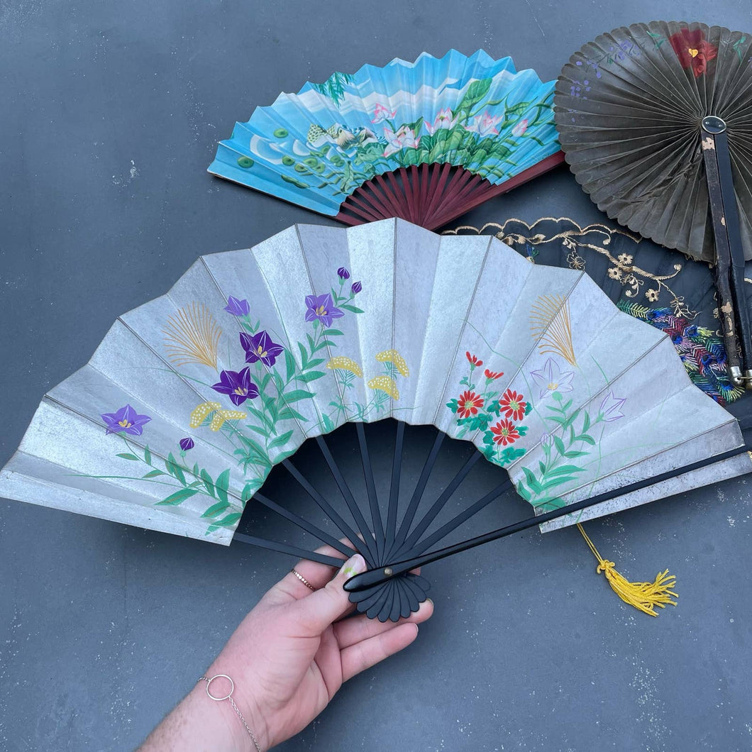 Vintage Novelty Souvenir Paper and Plastic Fan Multicolored Floral