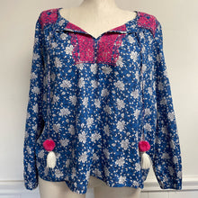 Load image into Gallery viewer, J.Crew Blue Indian Block Print Blouse Hot Pink Embroidery 100% Cotton XXL
