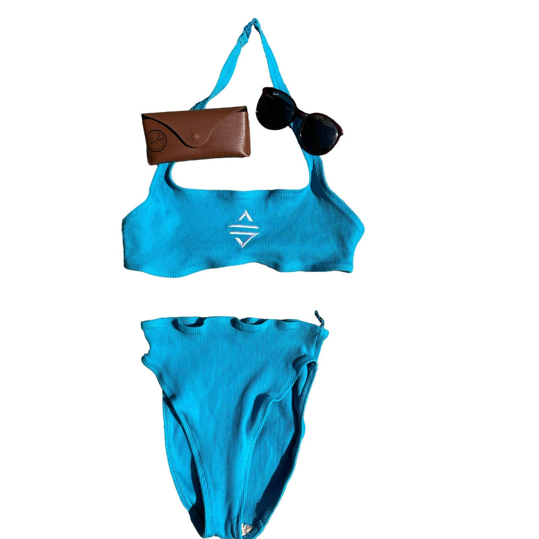 Vintage 90s High Cut Teal Blue Halter Bikini Swimsuit 12