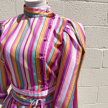 Load image into Gallery viewer, Vintage 1970s Multi Striped Pink Rainbow Statement 3/4 length Long-Sleeved Dress
