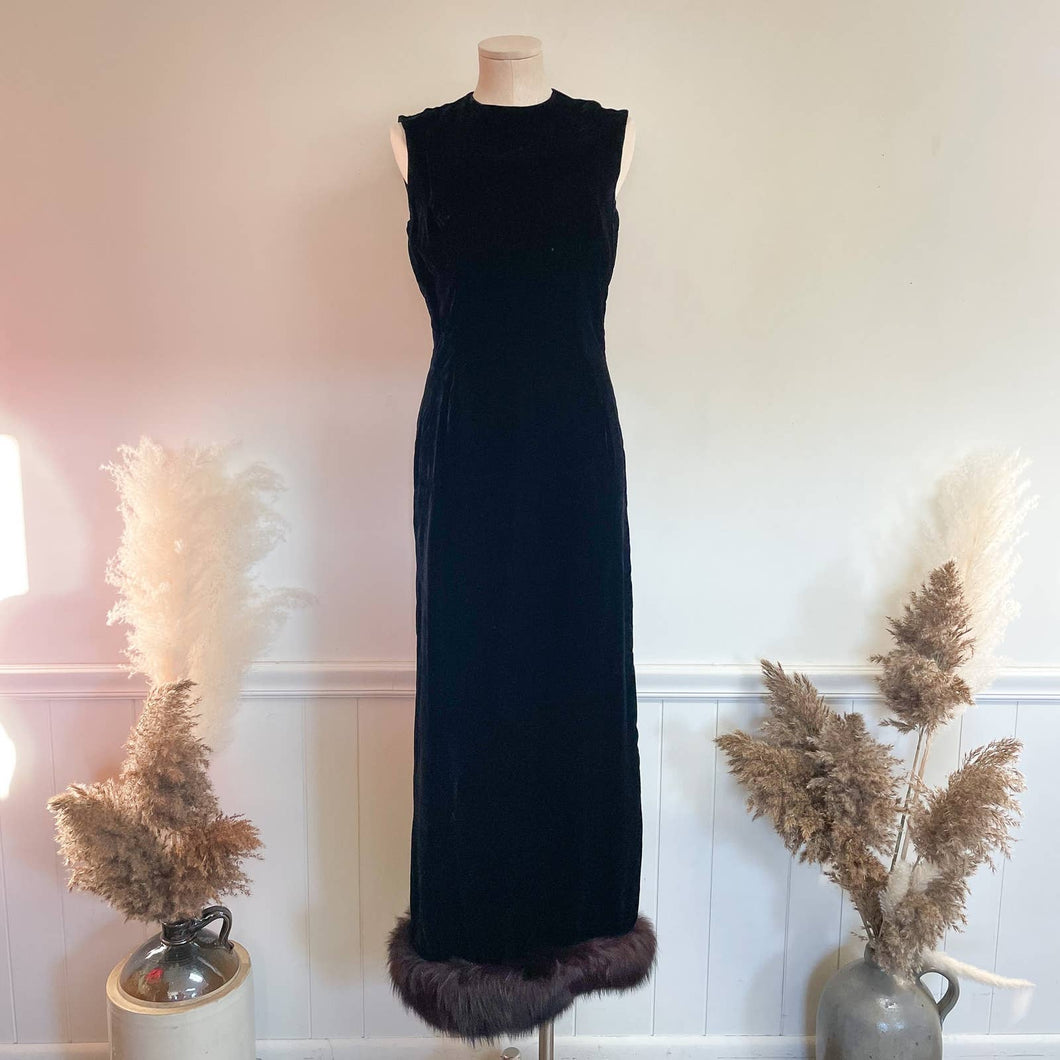 Vintage 1960s Gale Mitchell Black Silk Velvet with Fur Trim Hem Maxi Gown Sz 6
