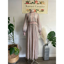 Load image into Gallery viewer, Vintage 1970s Maxi Pastel Pink Blue Prairie Boho Maxi Full Length Long Sleeve Dress Sz 12
