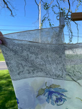 Load image into Gallery viewer, Vintage 1940s Silk Floral Large Square Scarf Wrap Blue Gray Lace Detail AS IS
