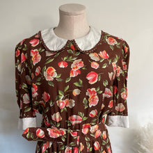 Load image into Gallery viewer, Vintage 1980s Brown Pink Floral Prairie Midi Dress with Belt Pleated Sz 8
