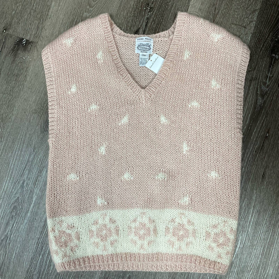 Vintage 80s Pale Pink Cream Hand Made Knit V-Neck Sweater Vest Sz PM