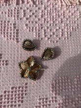 Load image into Gallery viewer, Vintage 1960s Rhinestone Gold Tone Flower Pin with Matching Leaf Clip-on Earrings Costume (Set of 3)
