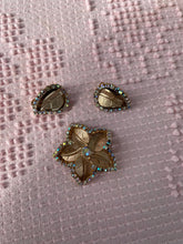 Load image into Gallery viewer, Vintage 1960s Rhinestone Gold Tone Flower Pin with Matching Leaf Clip-on Earrings Costume (Set of 3)
