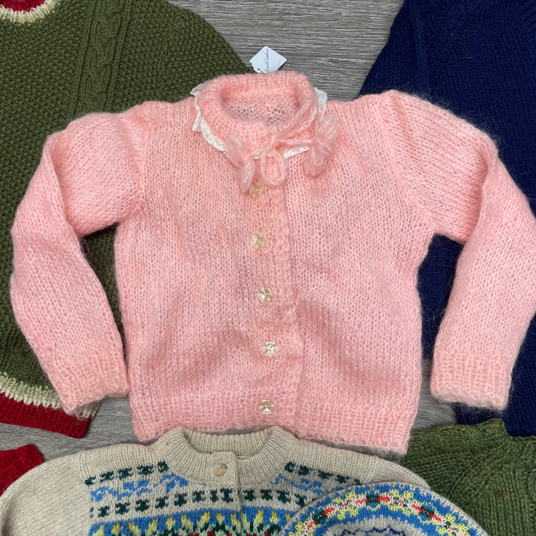 Vintage Hand Knit Kids Girls size 6 Wool Sweater Light Pink Button-up