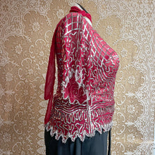 Load image into Gallery viewer, Vintage 1980s Red Silk Holiday Blouse Sequin Embellishment Sz S-L
