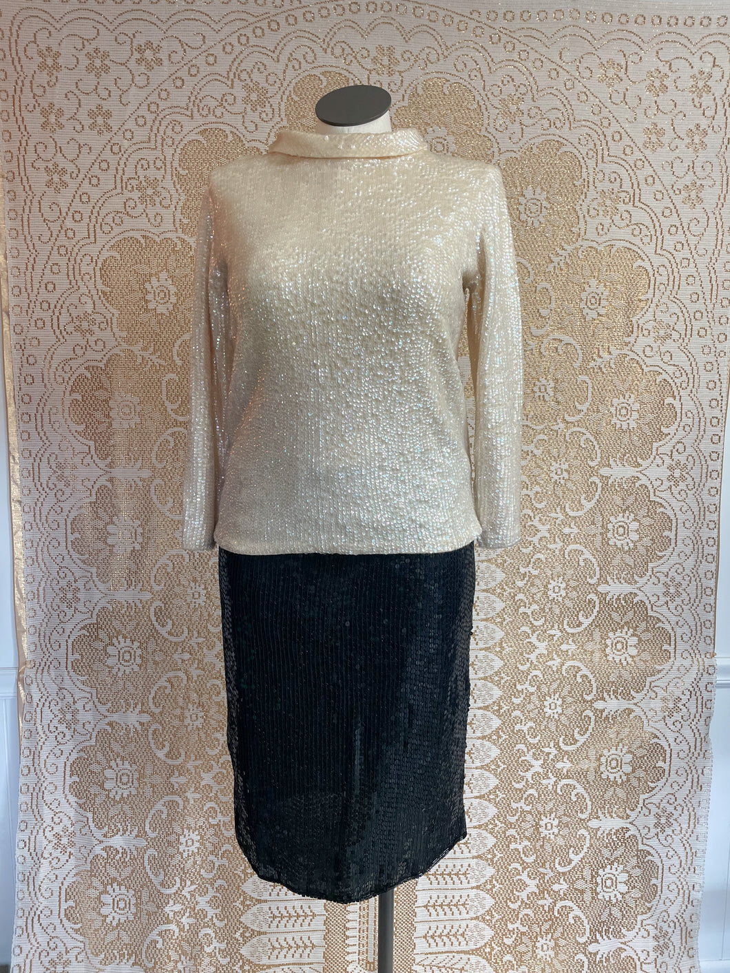 Vintage Black Silk Sequin Pencil Skirt Knee-length Sz 12-14
