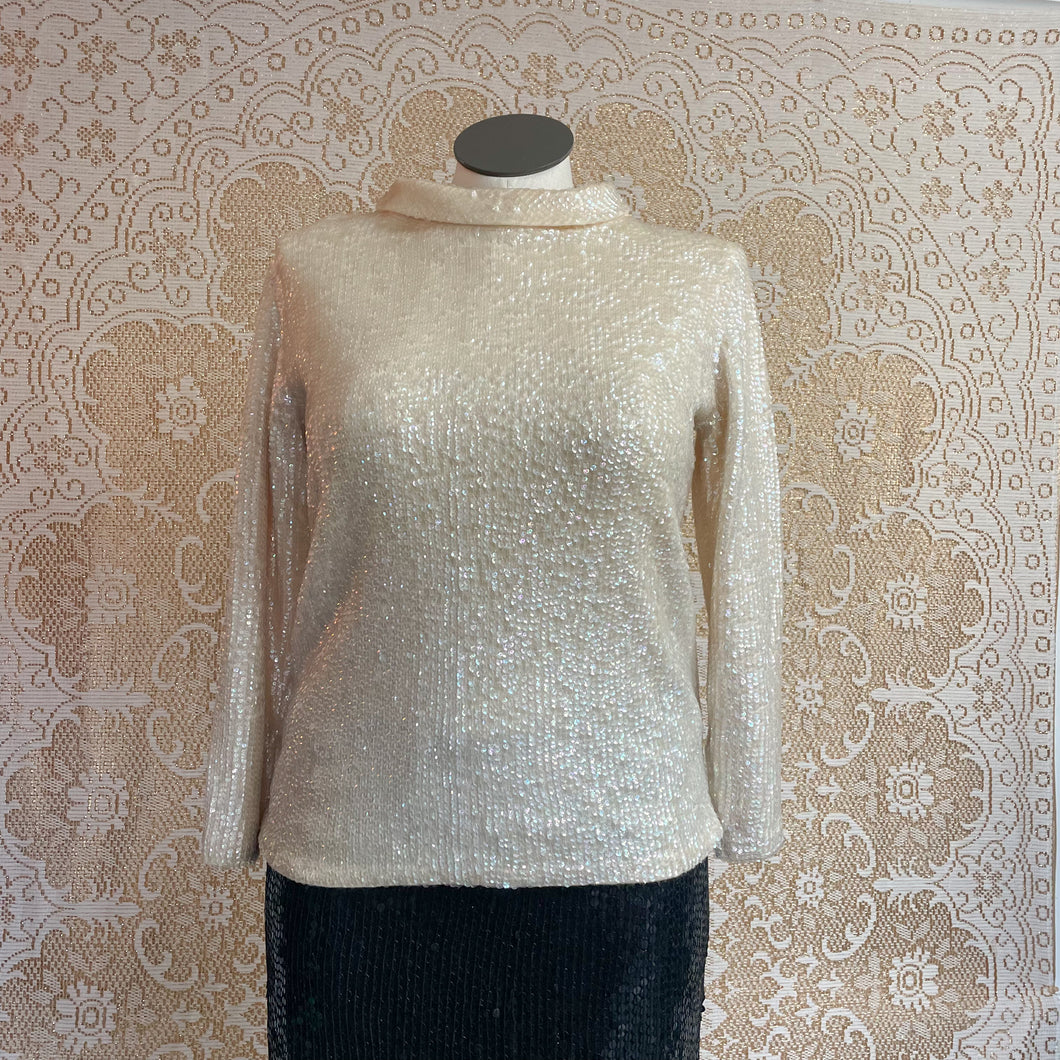 Vintage Valentina Sequin Knit Cream Turtleneck Blouse Sz 12-16