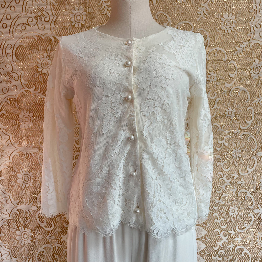Vintage y2k Designer Michael Simon Knit White Floral Lace Button-up Sweater Blouse Cardigan Sz PM