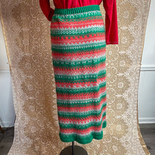 Load image into Gallery viewer, Vintage Christmas Holiday Fair Isle Yarn Handmade Knit Red Green Midi Skirt Fitted with Stretch
