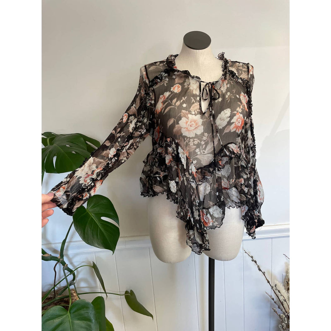 Johnny Was Silk Sheer Floral Top Blouse Black Pink Sz XL
