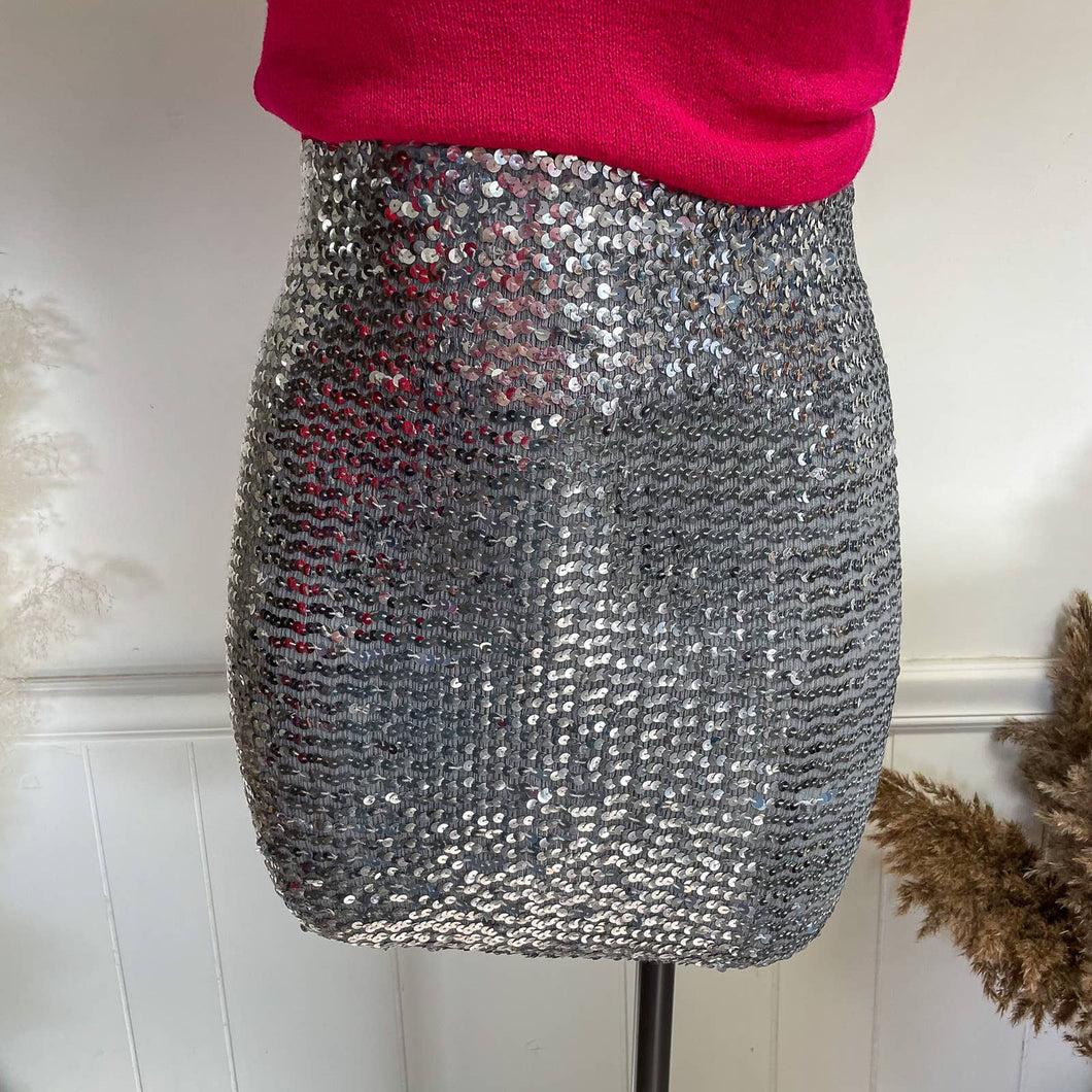 Vintage 1970s Silver Sequin Tube Skirt Top Festive Holiday One Size