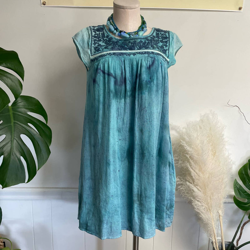 Upcycled Tie Dye American Eagle Boho Blue Embroidered Sun Mini Dress Cover-up Sz S
