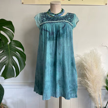 Load image into Gallery viewer, Upcycled Tie Dye American Eagle Boho Blue Embroidered Sun Mini Dress Cover-up Sz S
