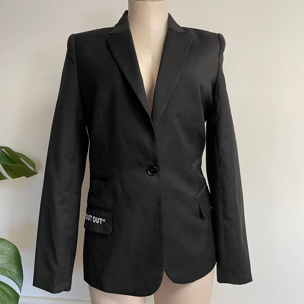 Sisters + Seekers Classic Black Blazer One Button Graphic Embroidered 