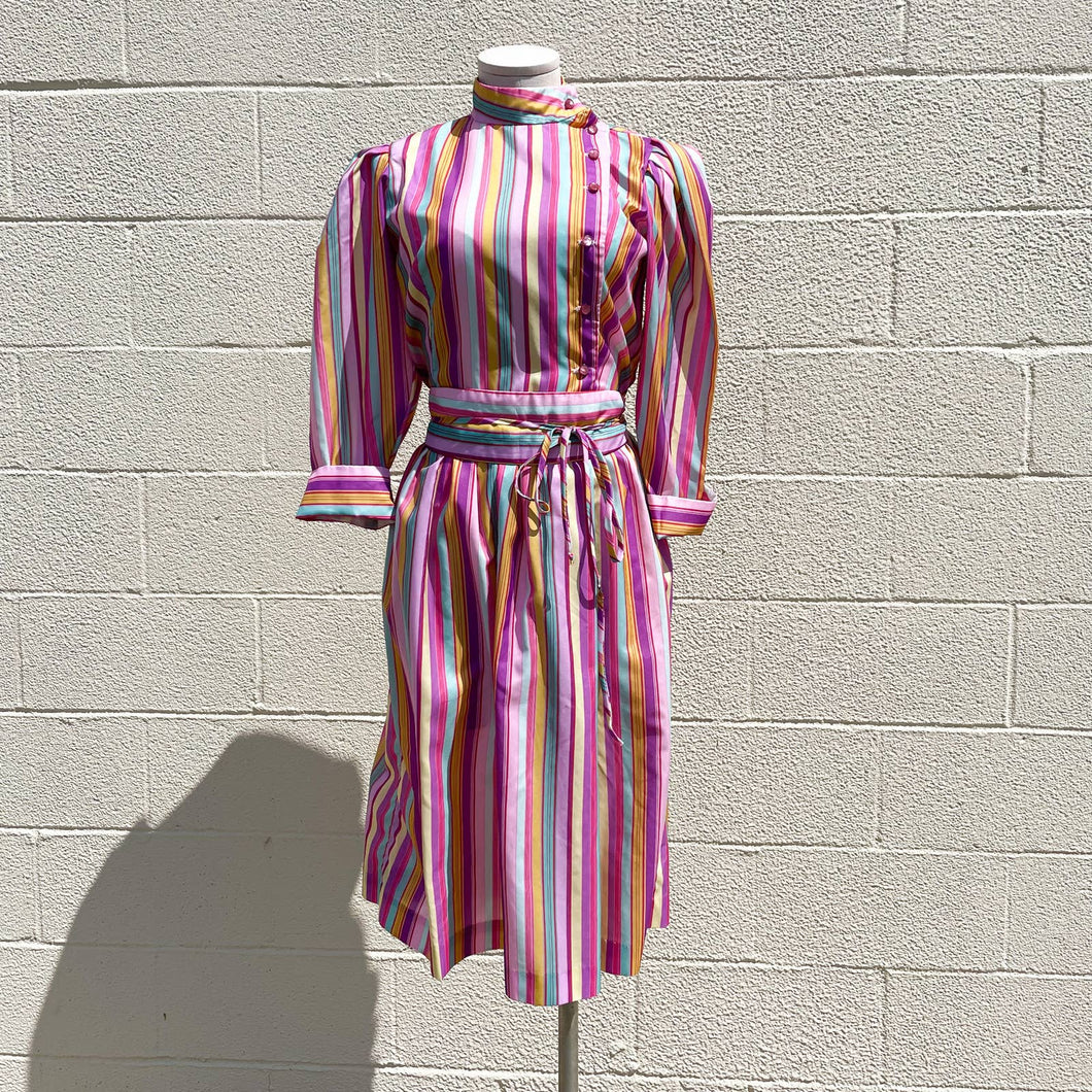 Vintage 1970s Multi Striped Pink Rainbow Statement 3/4 length Long-Sleeved Dress