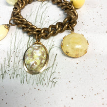 Load image into Gallery viewer, Upcycled Vintage Antique Yellow Green Button Charm Statement Bracelet
