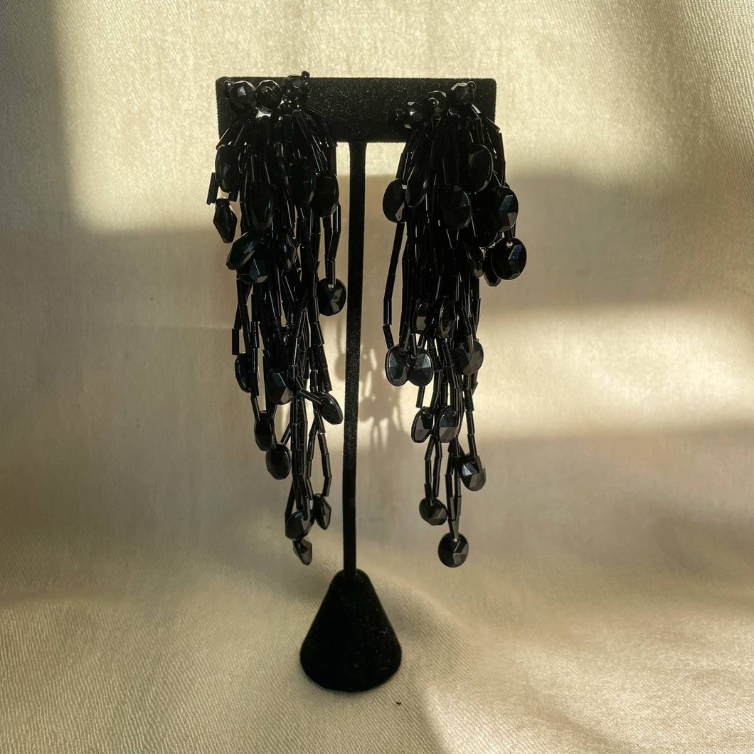 Vintage Black Beaded Dangle Tassel Clip-on Earrings