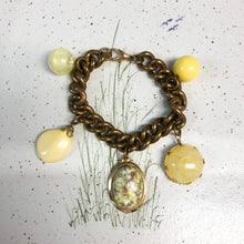 Load image into Gallery viewer, Upcycled Vintage Antique Yellow Green Button Charm Statement Bracelet
