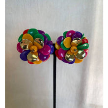 Load image into Gallery viewer, Vintage 1980s Rainbow Multicolored Flower Beaded Statement Clip-on Earrings

