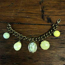 Load image into Gallery viewer, Upcycled Vintage Antique Yellow Green Button Charm Statement Bracelet
