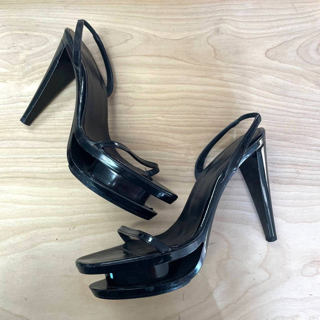 Jil Sander Designer Single Strap Strappy Black Patent Leather Sandal Heels