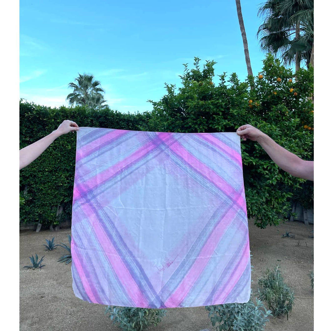 Vintage 1950s 100% Tissue Silk Pink Purple Spring Striped Square Scarf Wrap